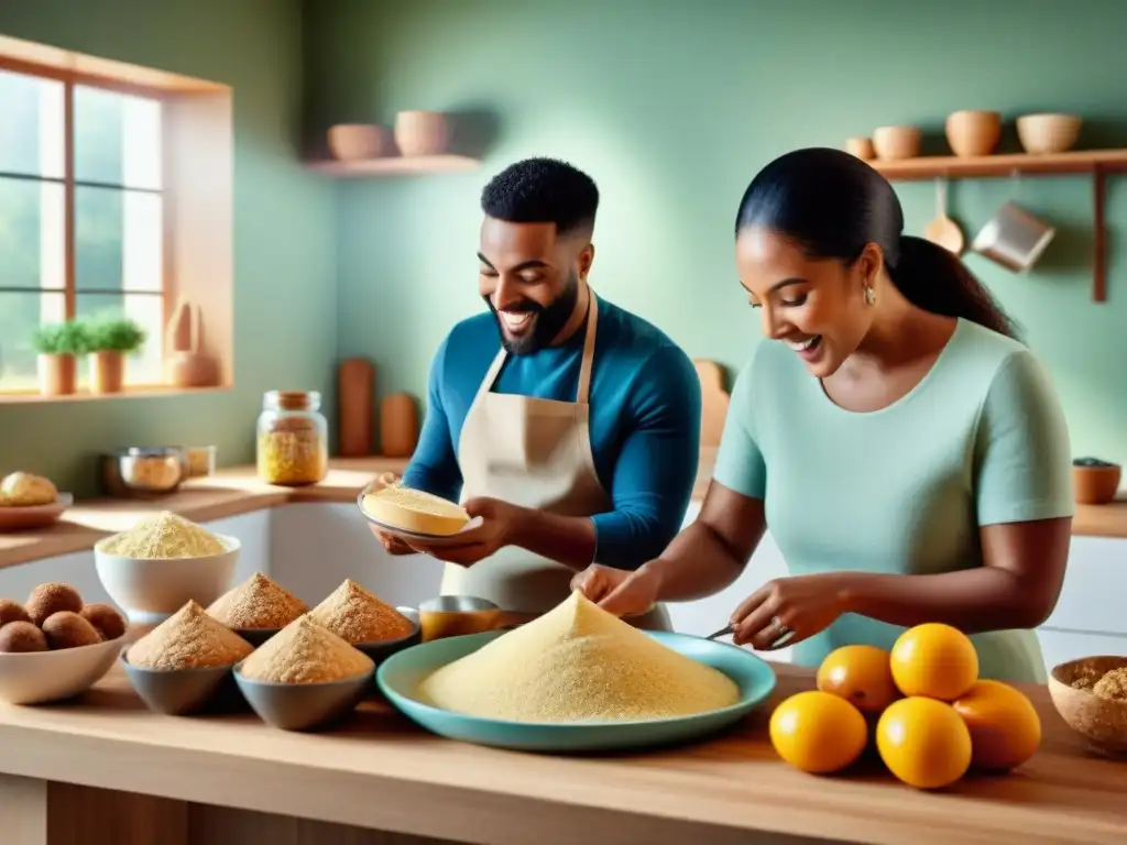 Un grupo diverso disfruta preparando y probando delicias sin gluten en una cocina luminosa