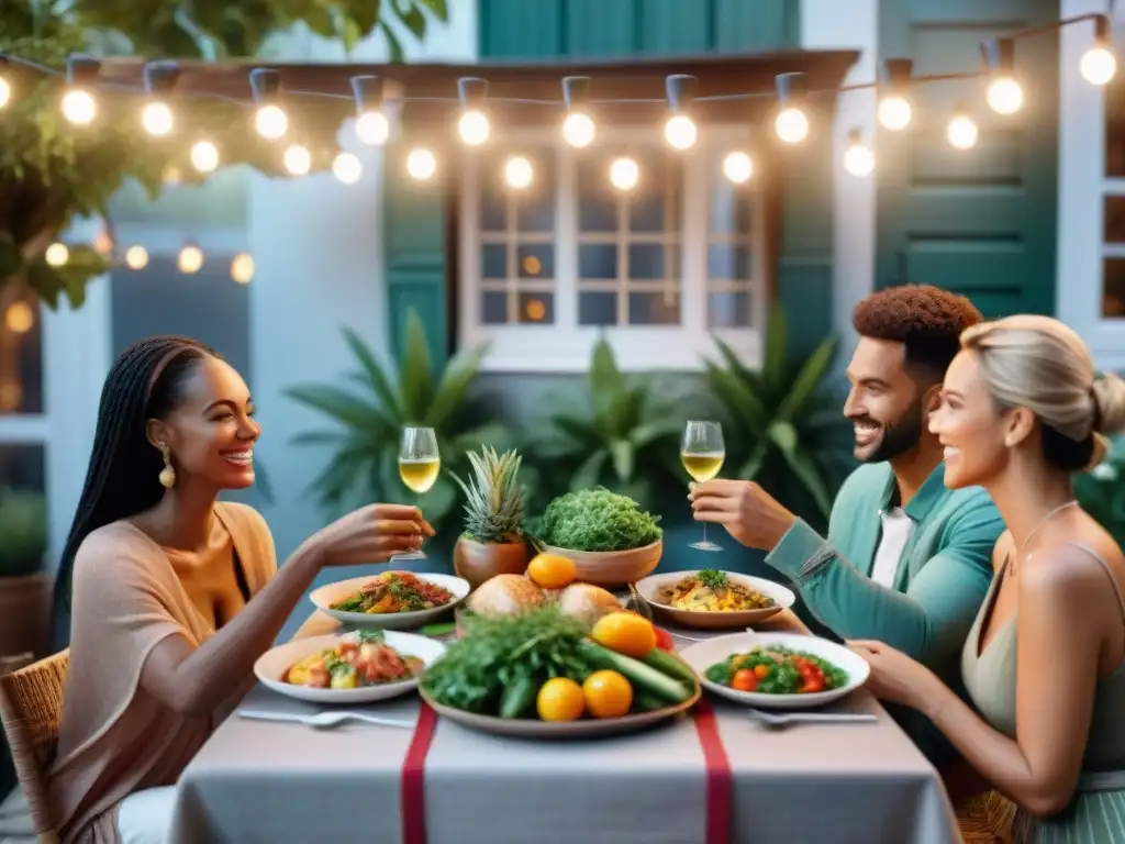 Un grupo diverso disfruta de una deliciosa comida sin gluten en un ambiente acogedor al aire libre