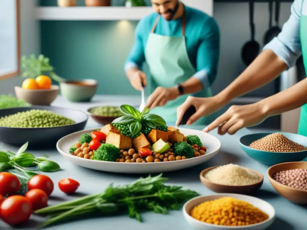 Un grupo diverso disfruta cocinando y compartiendo una deliciosa comida vegana sin gluten en una cocina moderna y soleada