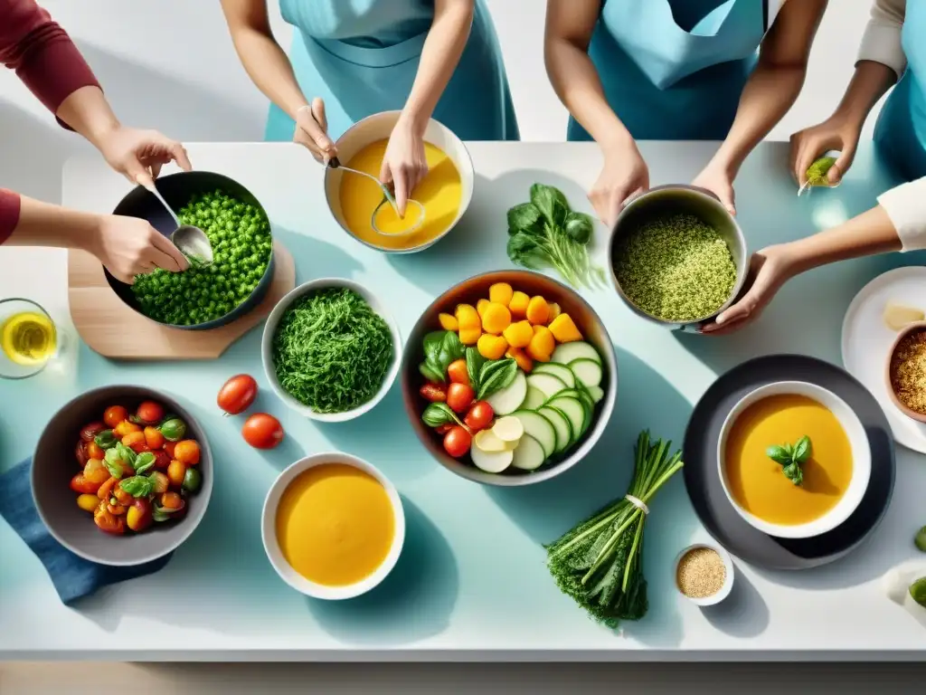 Un grupo diverso disfruta preparando y saboreando una deliciosa comida sin gluten en una cocina moderna y luminosa