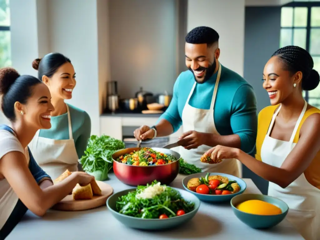 Un grupo diverso disfruta cocinando y compartiendo una deliciosa comida sin gluten