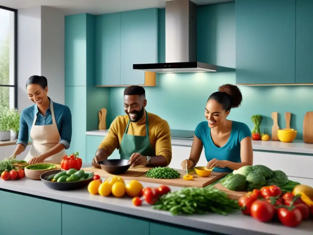 Un grupo diverso disfruta preparando y disfrutando una deliciosa comida sin gluten juntos en una cocina moderna y bien iluminada, mostrando la facilidad de la planificación de comidas sin gluten y la comunidad culinaria