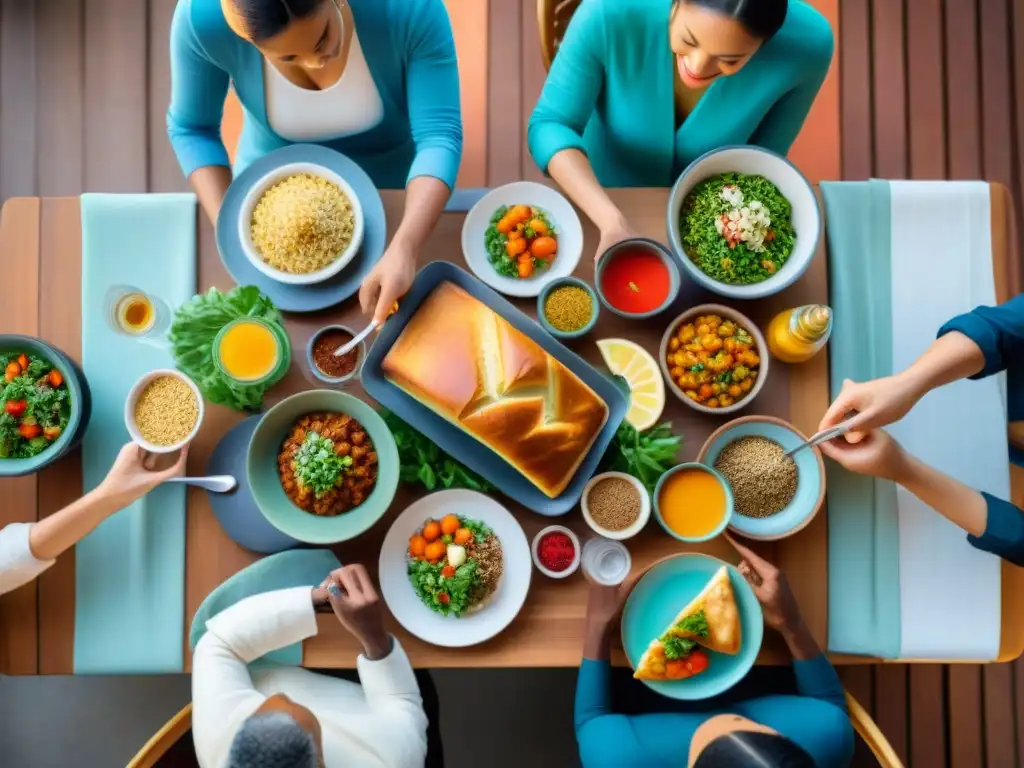 Un grupo diverso disfruta de una deliciosa comida sin gluten en un ambiente cálido y acogedor, reflejando las tendencias alimentación sin gluten