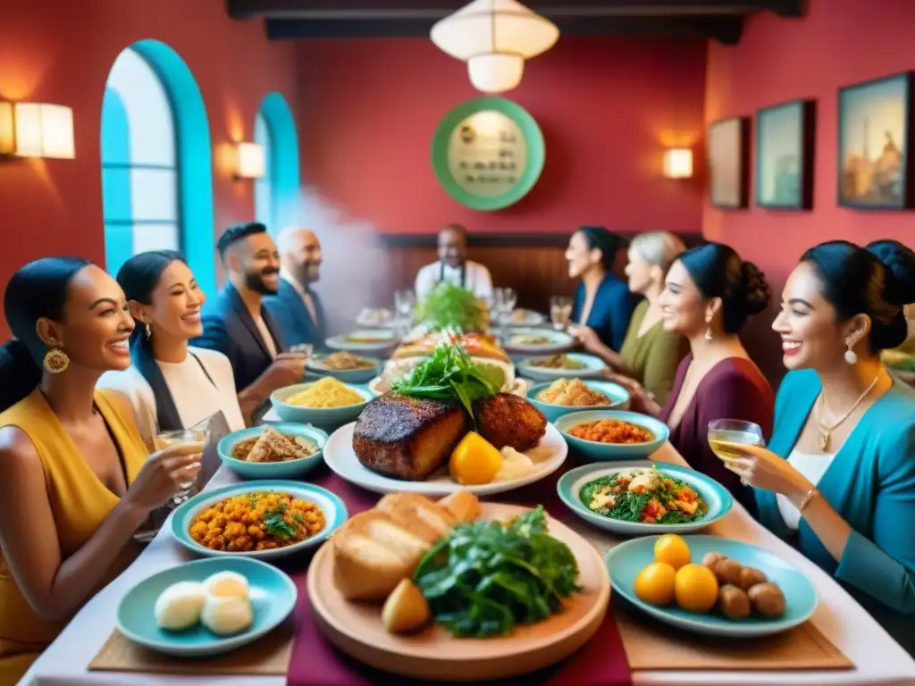 Grupo diverso disfrutando de deliciosa comida sin gluten en restaurante acogedor - Restaurantes menú sin gluten éxitos