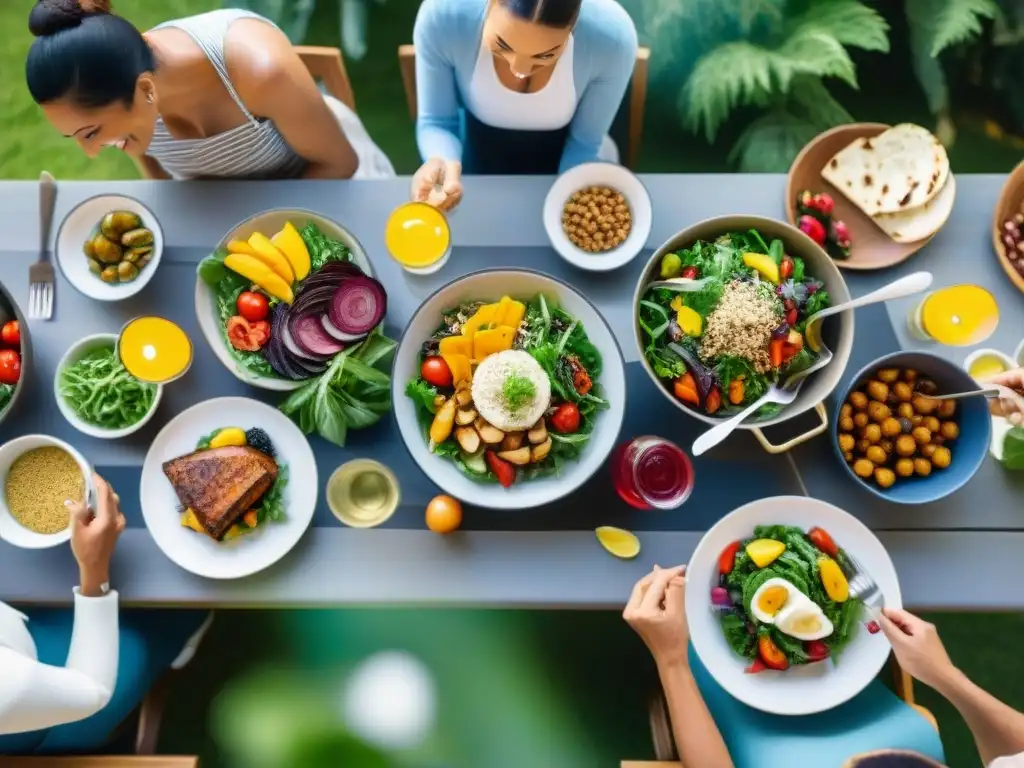 Grupo diverso disfruta de deliciosa comida sin gluten y baja en carbohidratos en jardín sereno