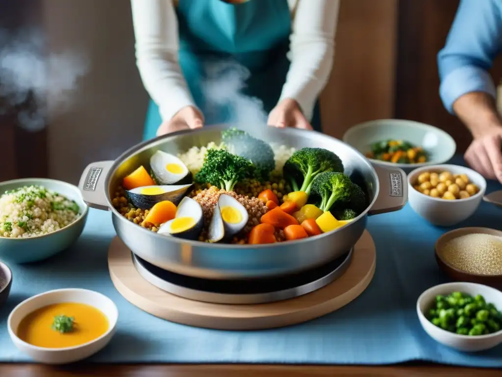 Un grupo diverso disfruta de una deliciosa comida sin gluten cocinada con vaporeras
