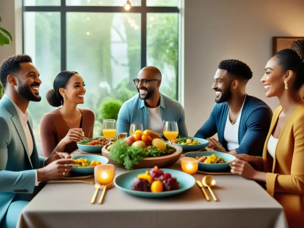 Un grupo diverso comparte una deliciosa comida sin gluten en una mesa decorada