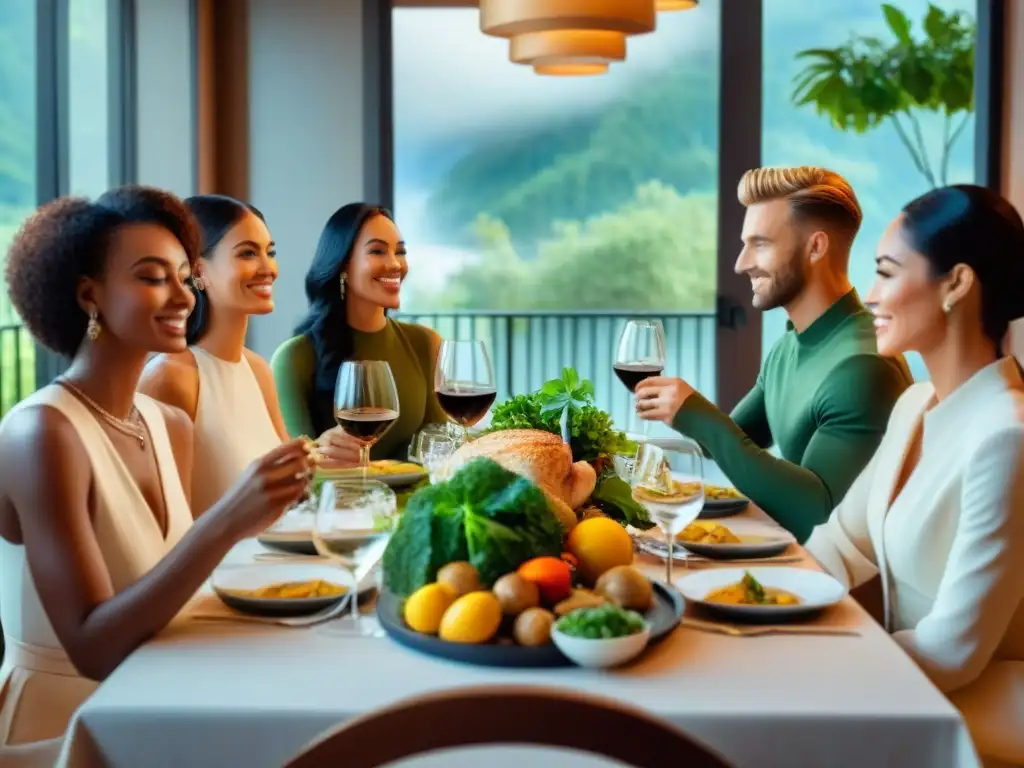 Un grupo diverso disfruta de una deliciosa comida sin gluten en un restaurante elegante