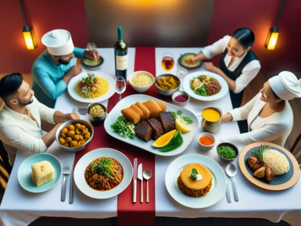 Un grupo diverso disfruta de deliciosos platos sin gluten en un restaurante, celebrando la diversidad cultural