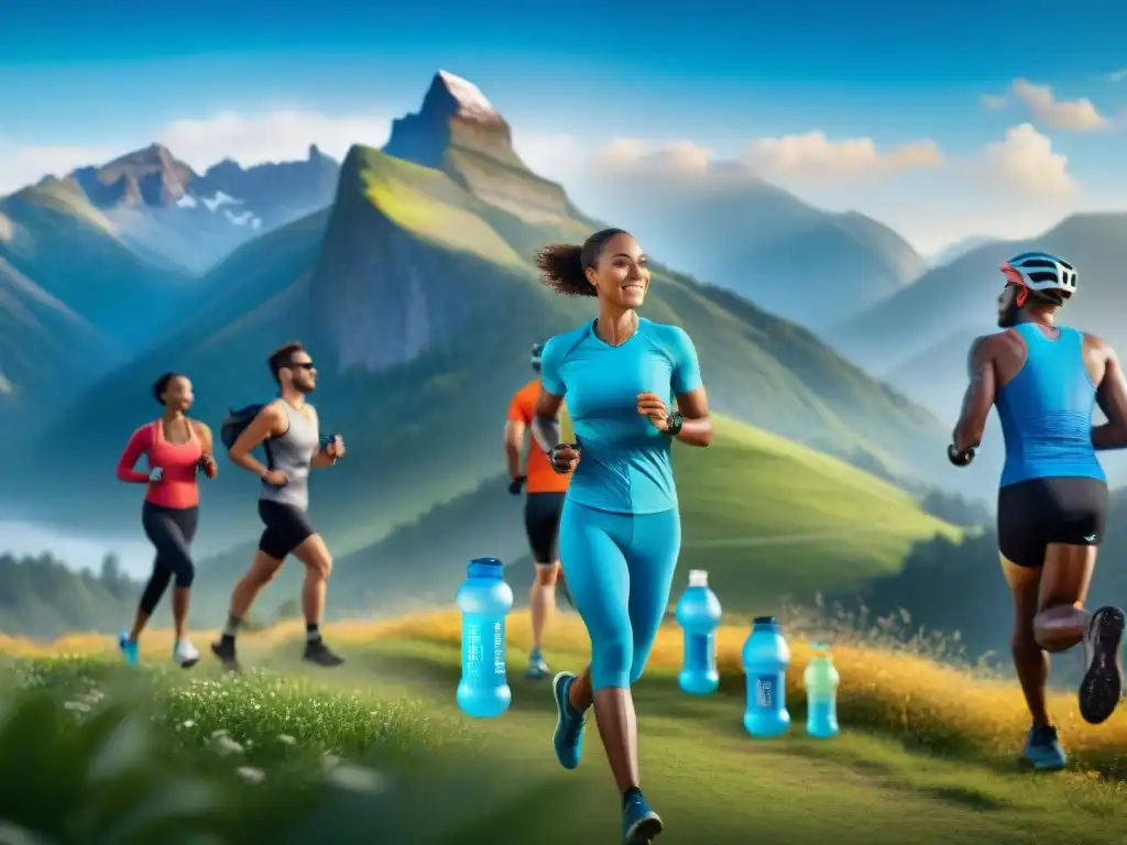 Un grupo diverso de deportistas activos se hidrata con suplementos electrolíticos sin gluten bajo el sol radiante en un paisaje montañoso