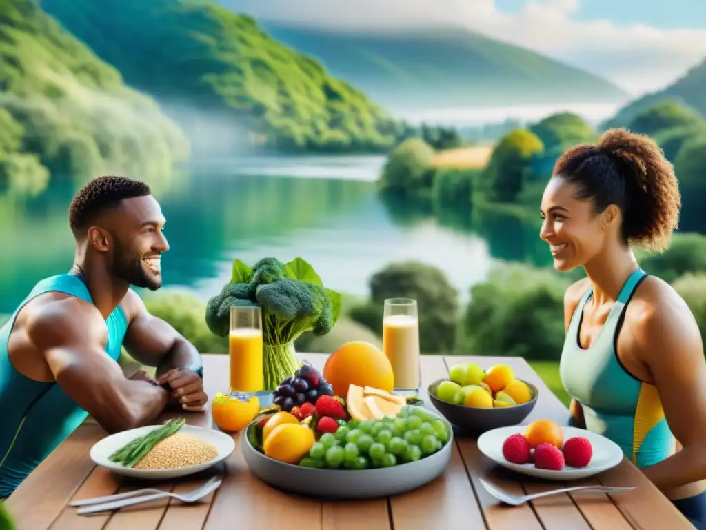 Un grupo diverso de deportistas disfruta de una comida saludable sin gluten al aire libre, rodeados de naturaleza