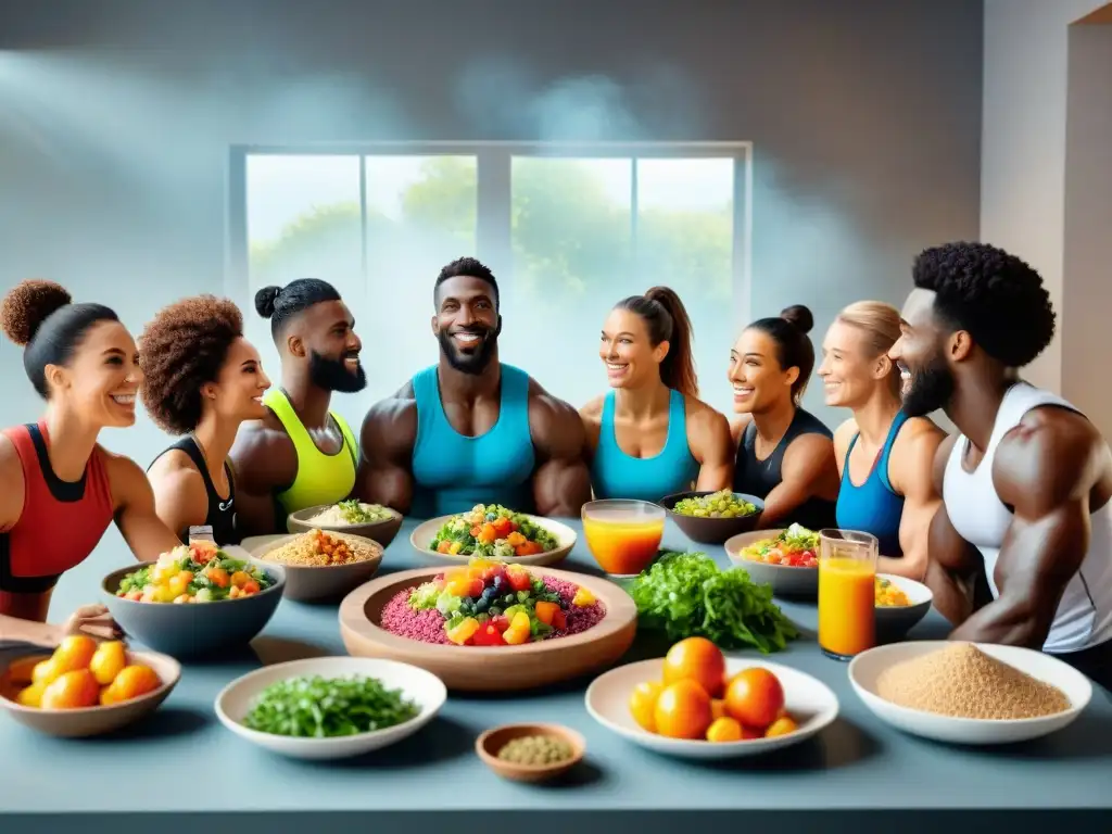 Un grupo diverso de deportistas disfruta de una comida sin gluten, mostrando fuerza y camaradería