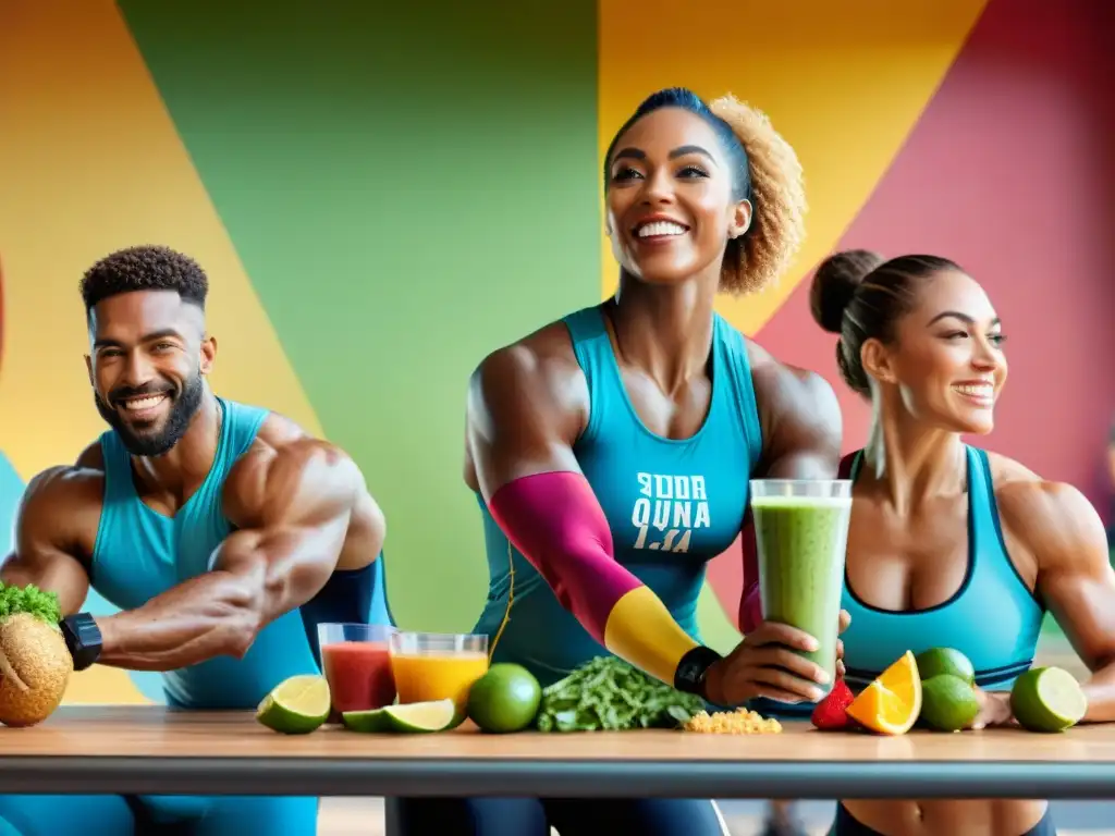 Un grupo diverso de deportistas disfrutando de recetas sin gluten para deportistas después del entrenamiento en un gimnasio vibrante