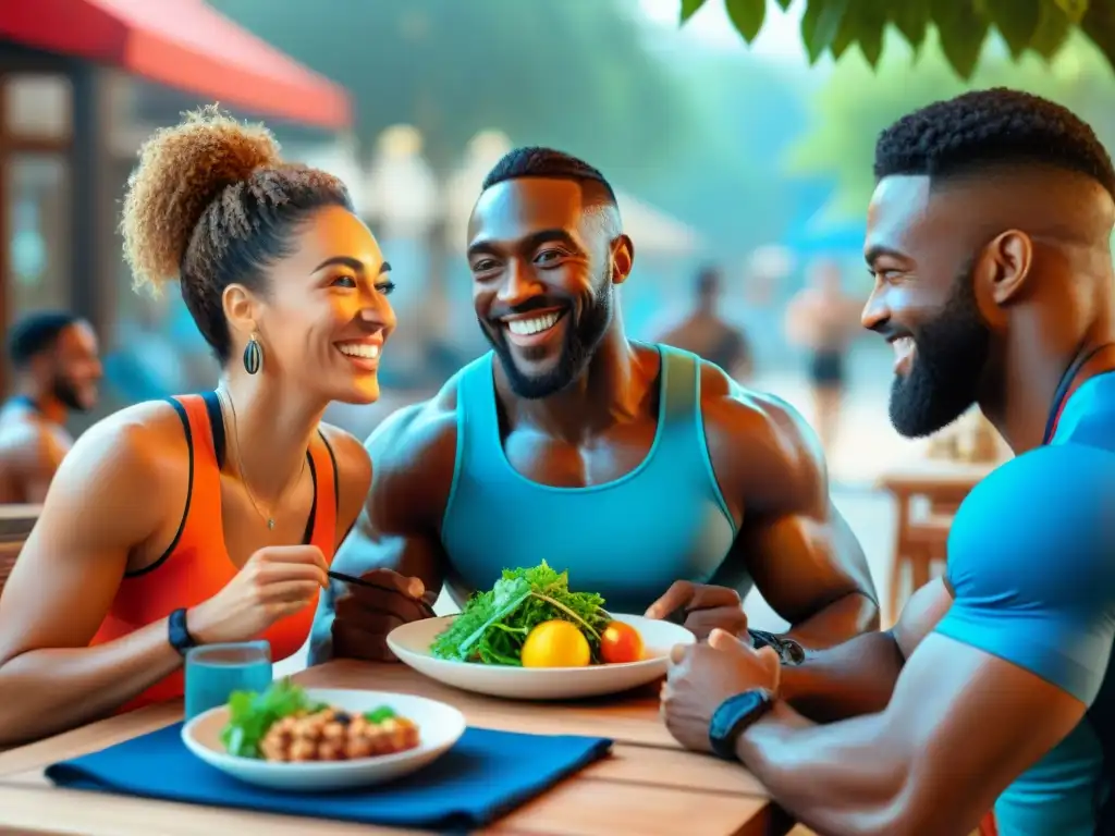 Un grupo diverso de deportistas sonrientes disfrutan de una comida sin gluten en un animado café al aire libre