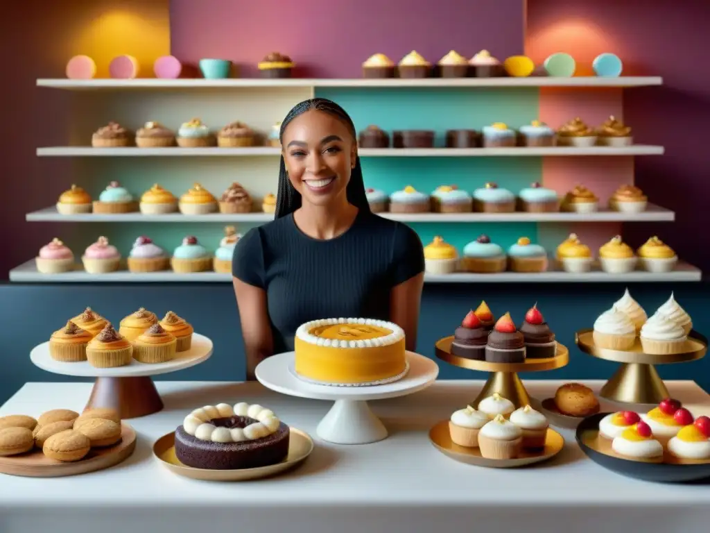 Diversidad y alegría en degustación de postres glutenfree Un grupo diverso disfruta de dulces sin gluten innovadores en una mesa festiva