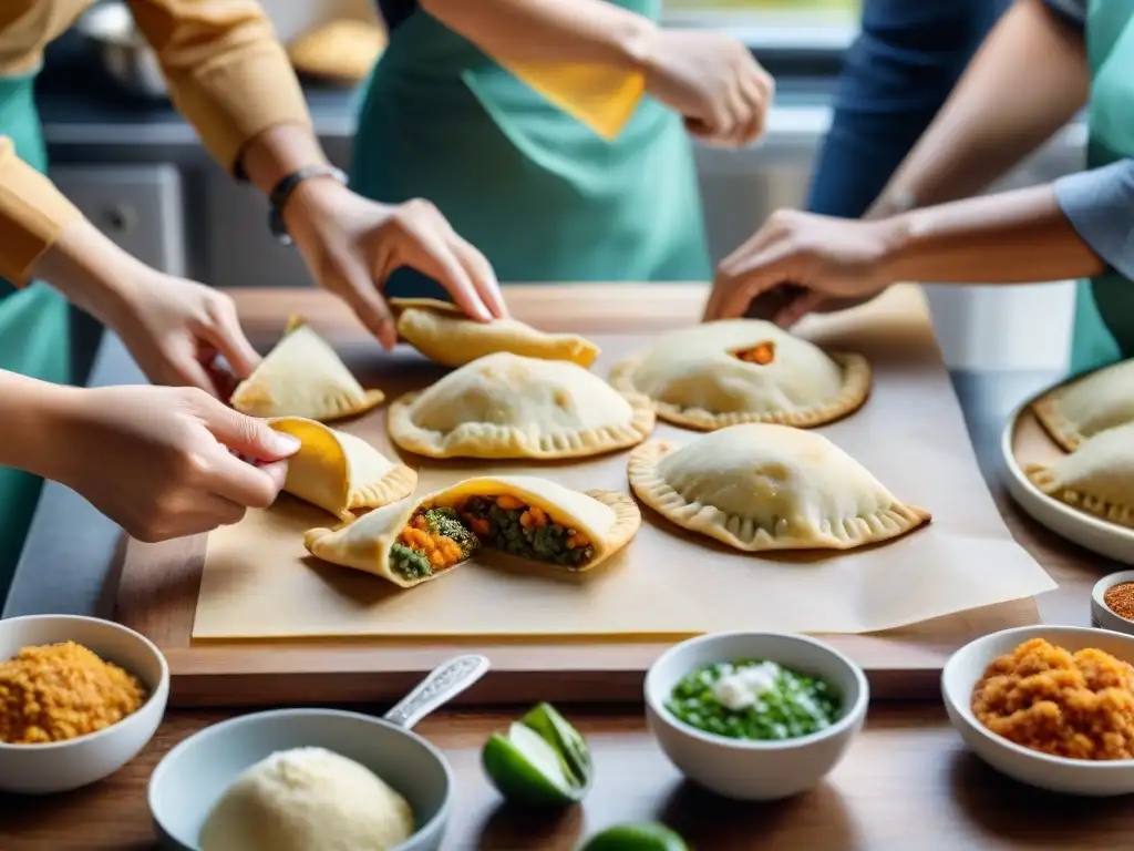 Grupo diverso preparando empanadas sin gluten en cocina acogedora