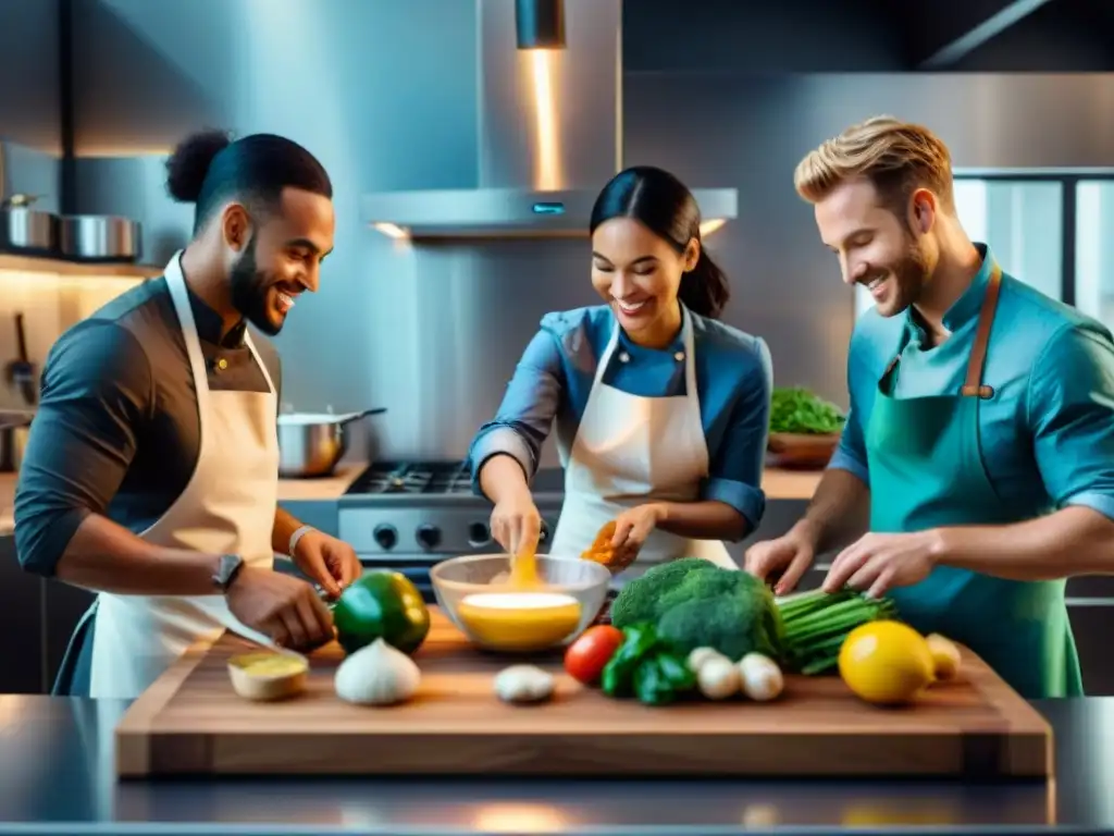 Grupo diverso de emprendedores en cocina moderna, creando platos sin gluten con creatividad y entusiasmo