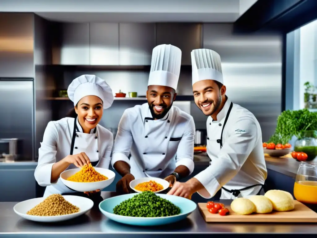 Un grupo diverso de emprendedores en cocina moderna creando platos sin gluten