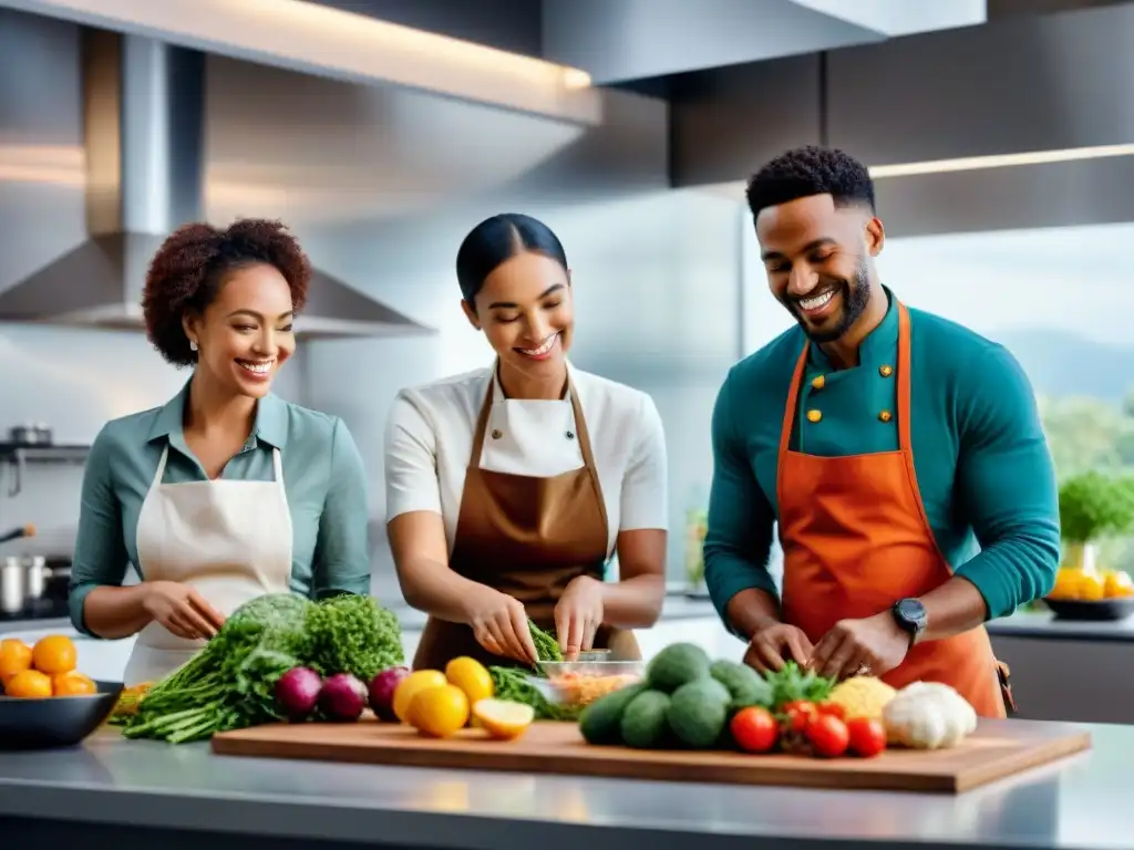 Un grupo diverso de emprendedores jóvenes trabajando apasionadamente juntos en una cocina moderna para crear deliciosos platos sin gluten