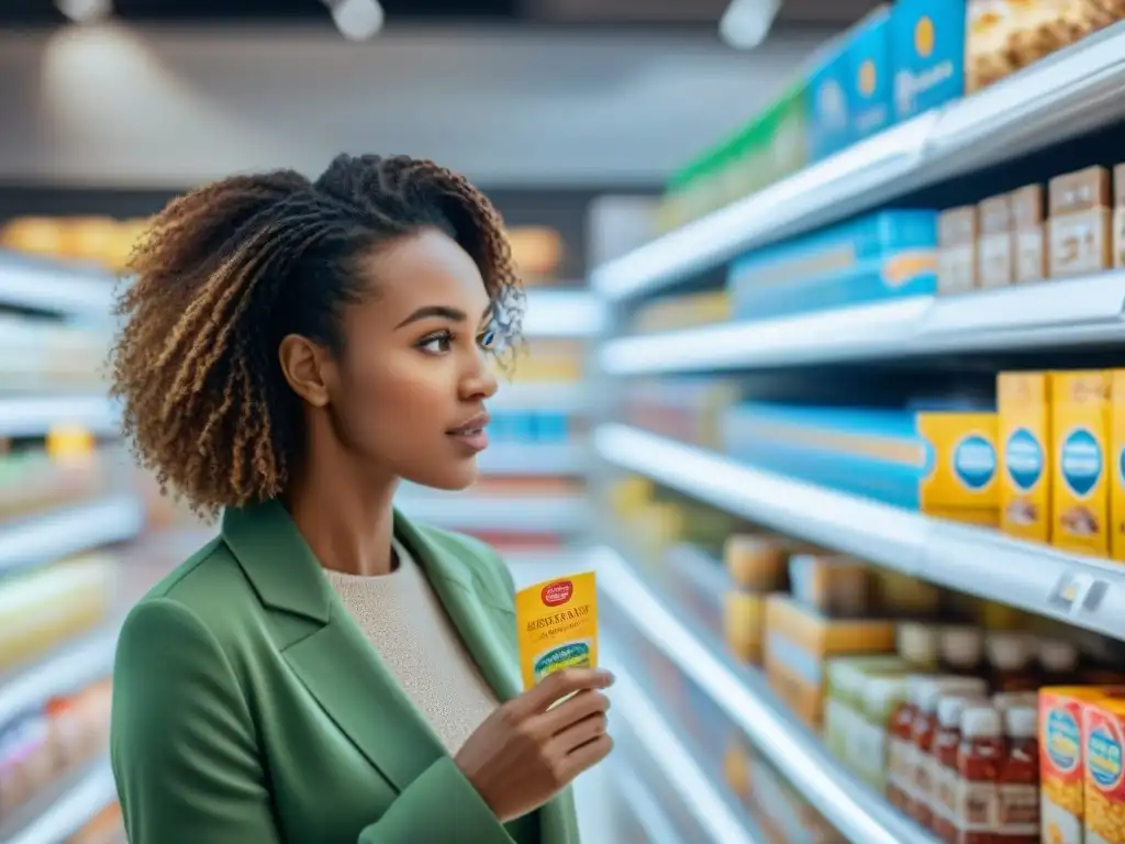 Un grupo diverso y entusiasta compara marcas sin gluten innovadoras y sabrosas en un supermercado moderno y bien iluminado