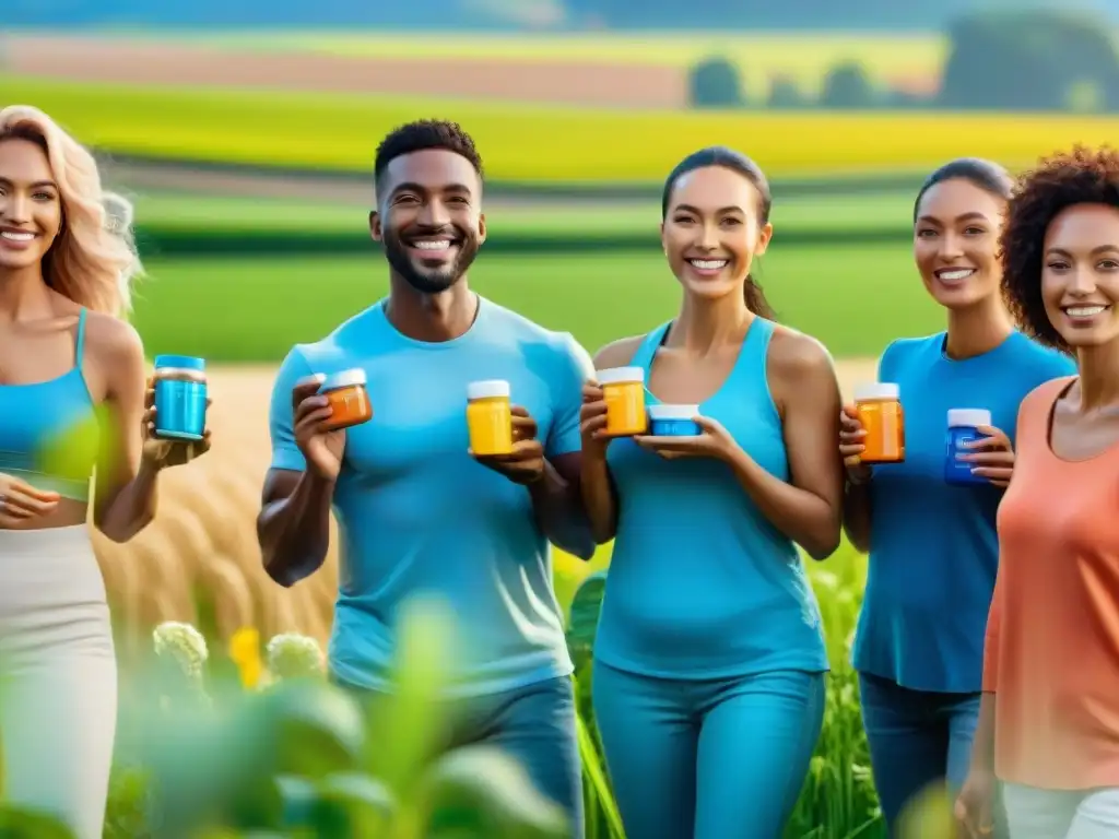 Un grupo diverso sonríe, sosteniendo envases de suplementos probióticos sin gluten en un campo verde bajo el sol brillante