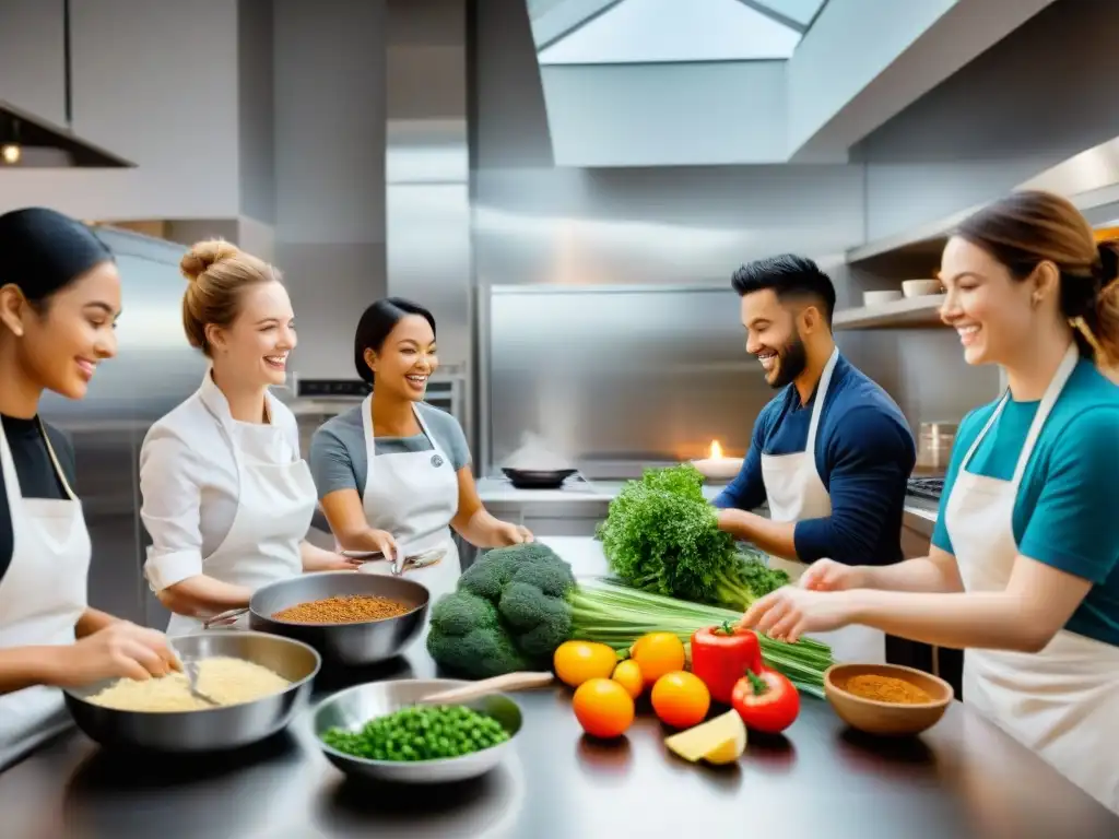 Grupo diverso de estudiantes disfrutando en clase de cocina sin gluten en cocina moderna y colorida