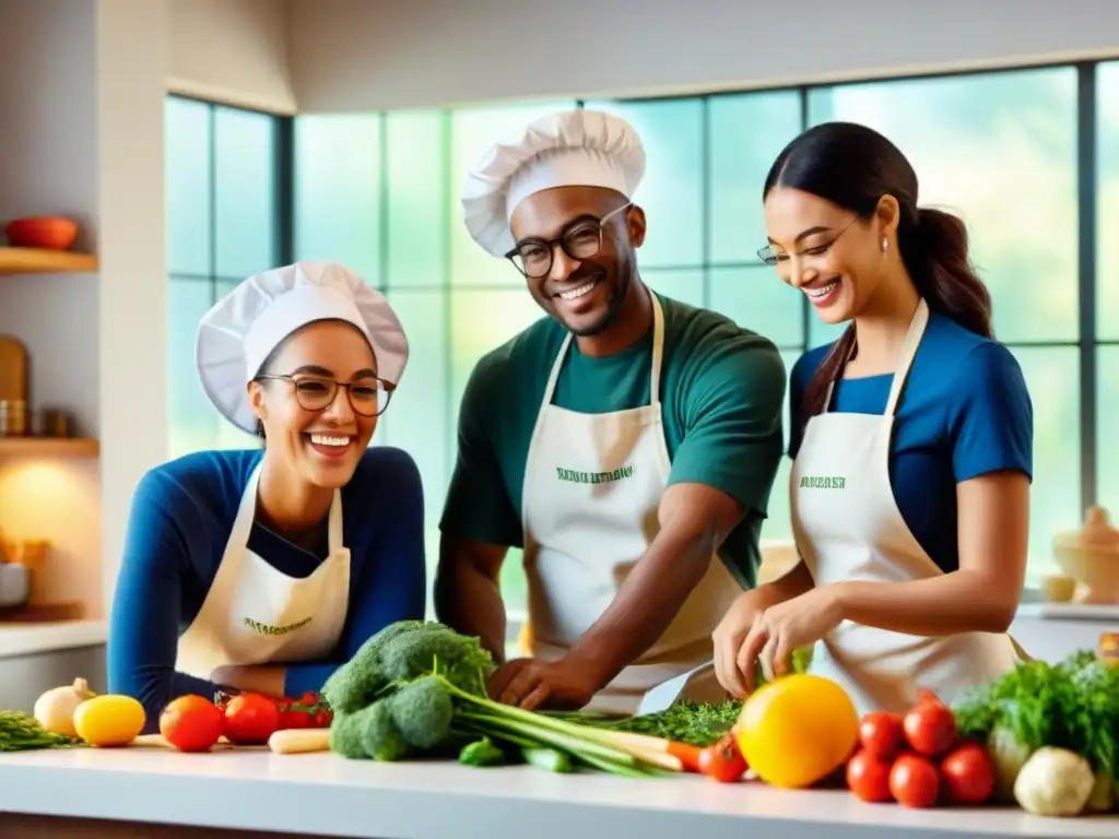 Un grupo diverso de estudiantes sonrientes preparando recetas sin gluten en un curso de cocina online