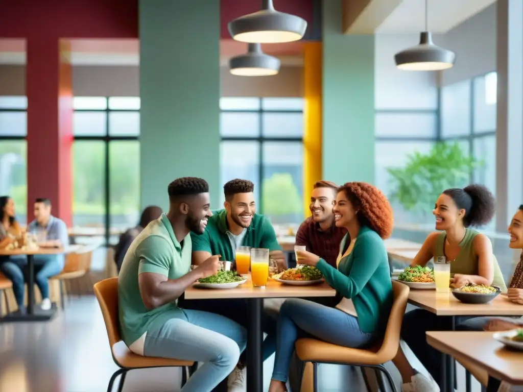 Un grupo diverso de estudiantes universitarios felices comiendo juntos en la cafetería, con comidas sin gluten