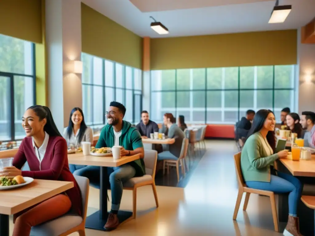 Grupo diverso de estudiantes universitarios disfrutando una comida juntos en una cafetería bulliciosa, con opciones de comida sin gluten