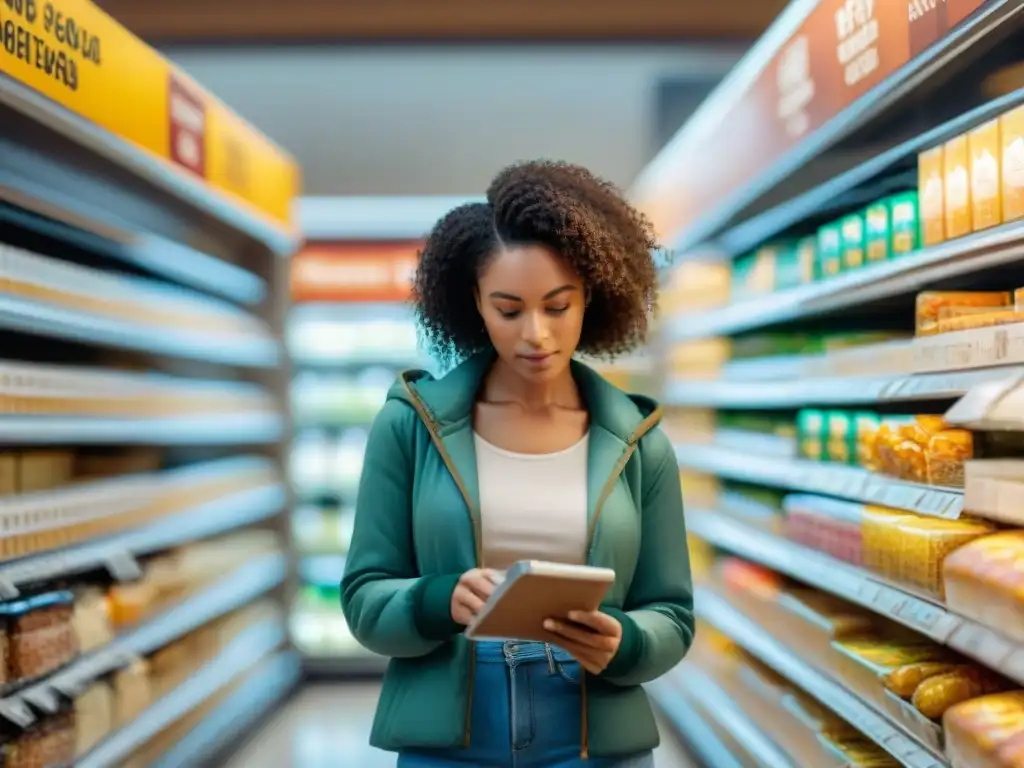 Un grupo diverso examina etiquetas de alimentos sin gluten en la tienda, creando comunidad y compartiendo conocimientos