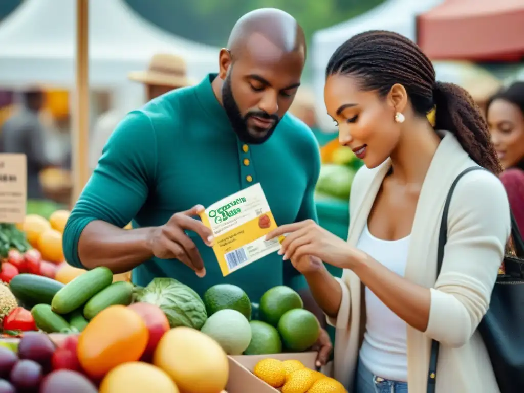 Grupo diverso compara etiquetas productos orgánicos sin gluten en animado mercado de agricultores