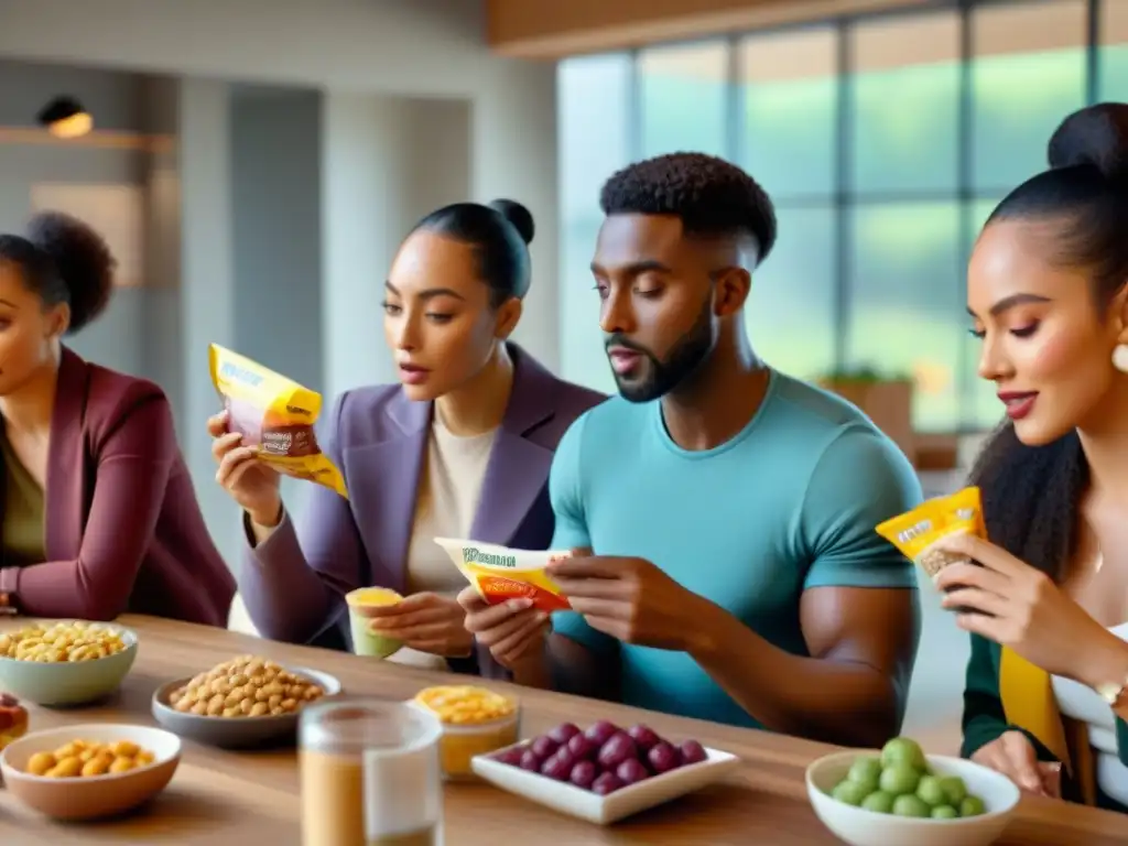 Un grupo diverso examina etiquetas de snacks sin gluten en ambiente acogedor