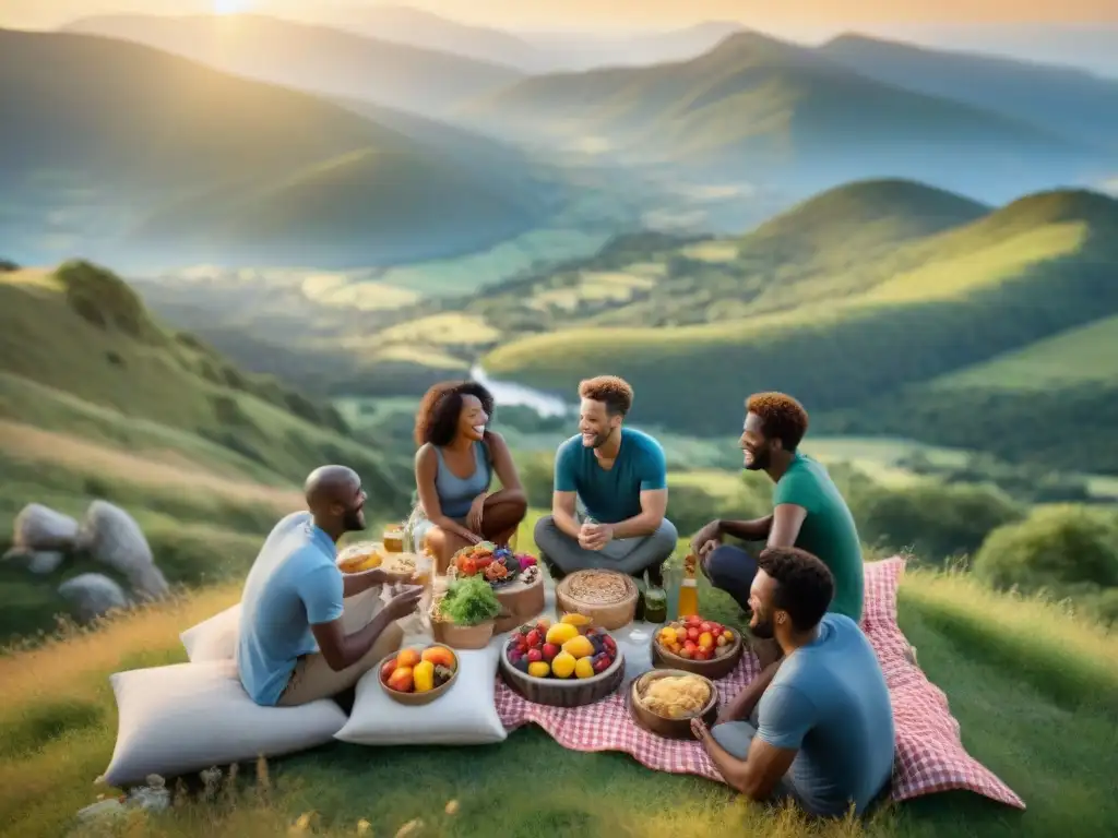 Un grupo diverso de excursionistas disfruta de un picnic en la montaña con snacks sin gluten para excursiones