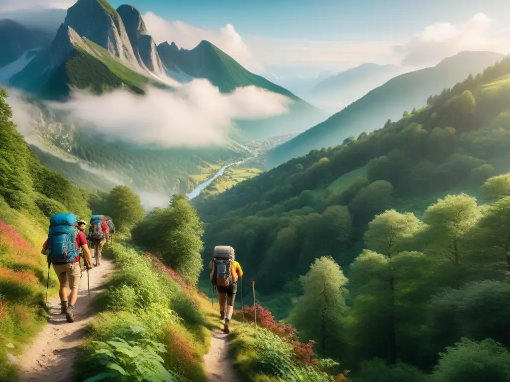 Épica travesía de senderismo en bosque europeo Un grupo diverso de excursionistas sonrientes recorren un bosque europeo, con montañas al fondo
