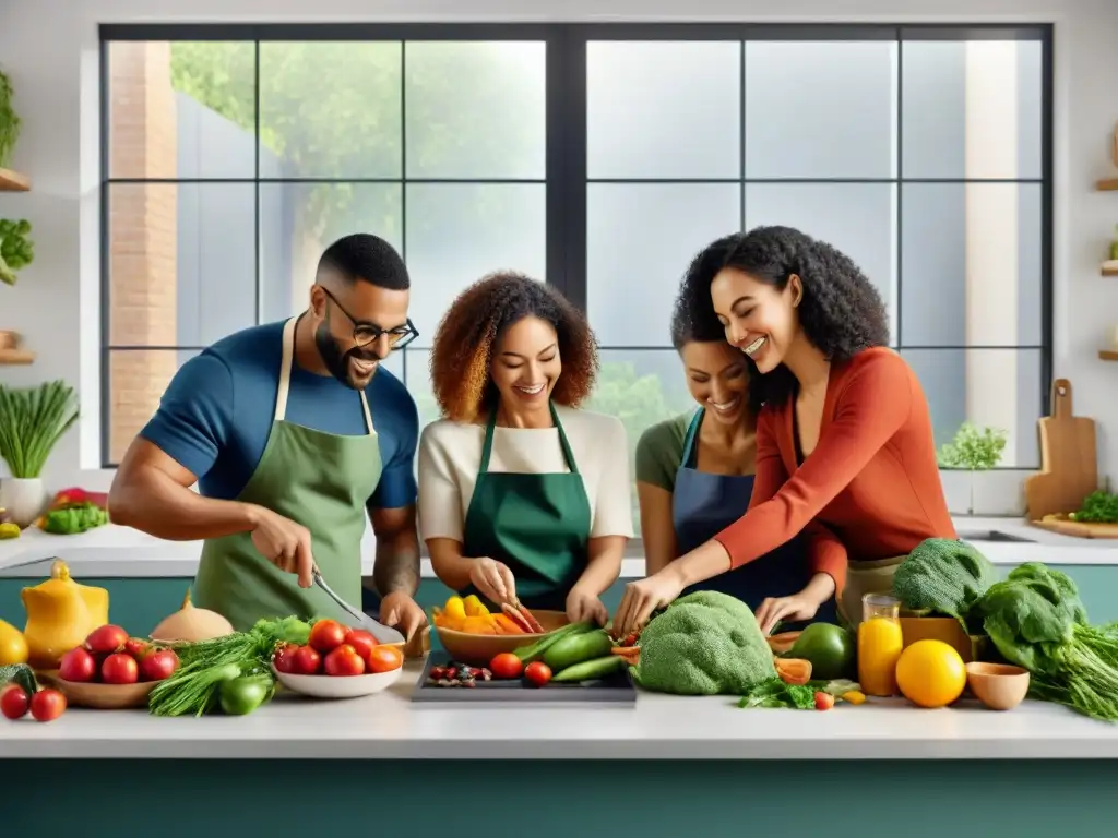 Un grupo diverso cocinando felices en una cocina moderna con ingredientes veganos sin gluten, creando un ambiente comunitario