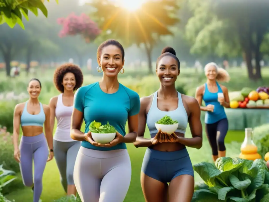 Un grupo diverso y feliz disfruta de actividades al aire libre con alimentos saludables y probióticos sin gluten para la salud intestinal