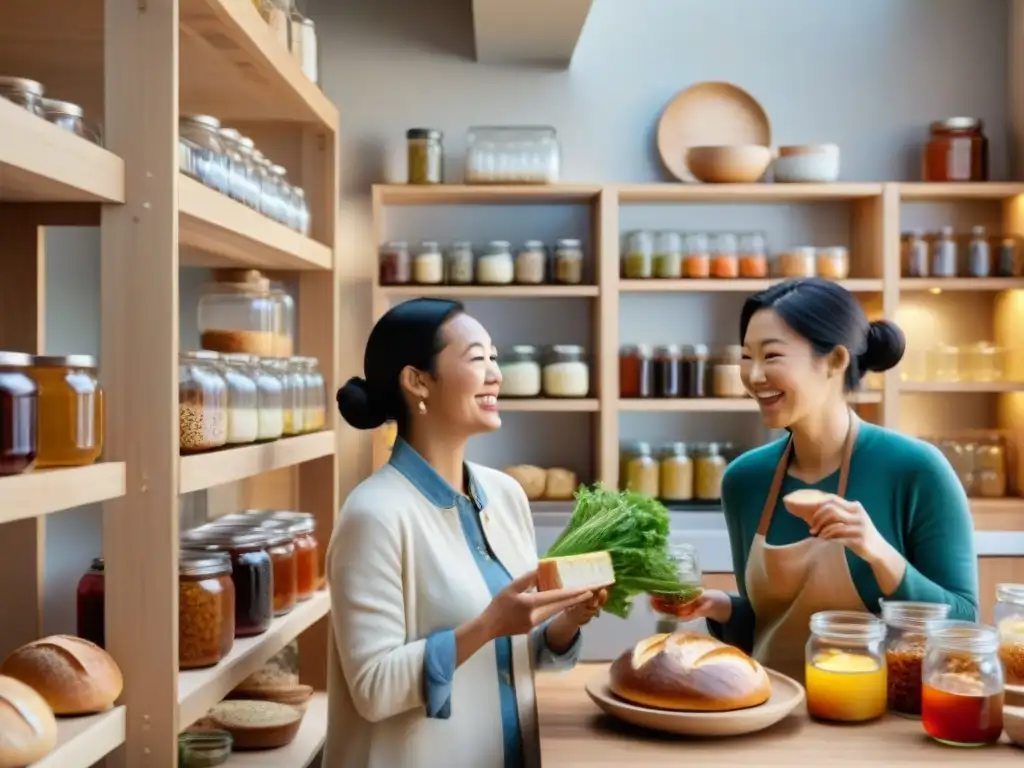 Un grupo diverso disfruta feliz de alimentos fermentados sin gluten en una cocina acogedora