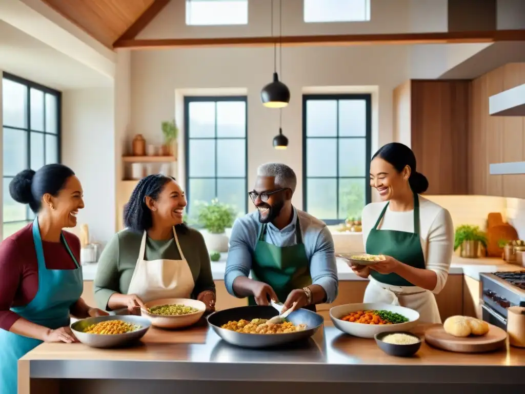 Grupo diverso cocina feliz en amplia cocina moderna sin gluten: consejos experto