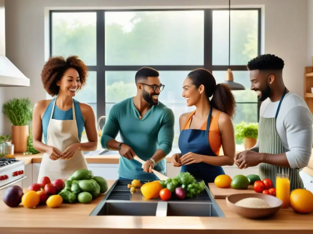 Un grupo diverso cocina feliz en una amplia cocina con ingredientes sin gluten y frutas coloridas, promoviendo la comunidad y la sostenibilidad