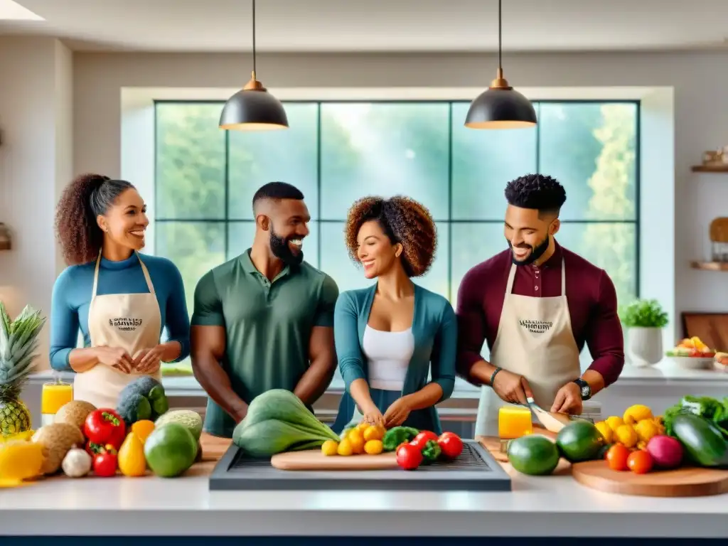 Un grupo diverso cocina feliz en una amplia cocina moderna, llena de ingredientes sin gluten
