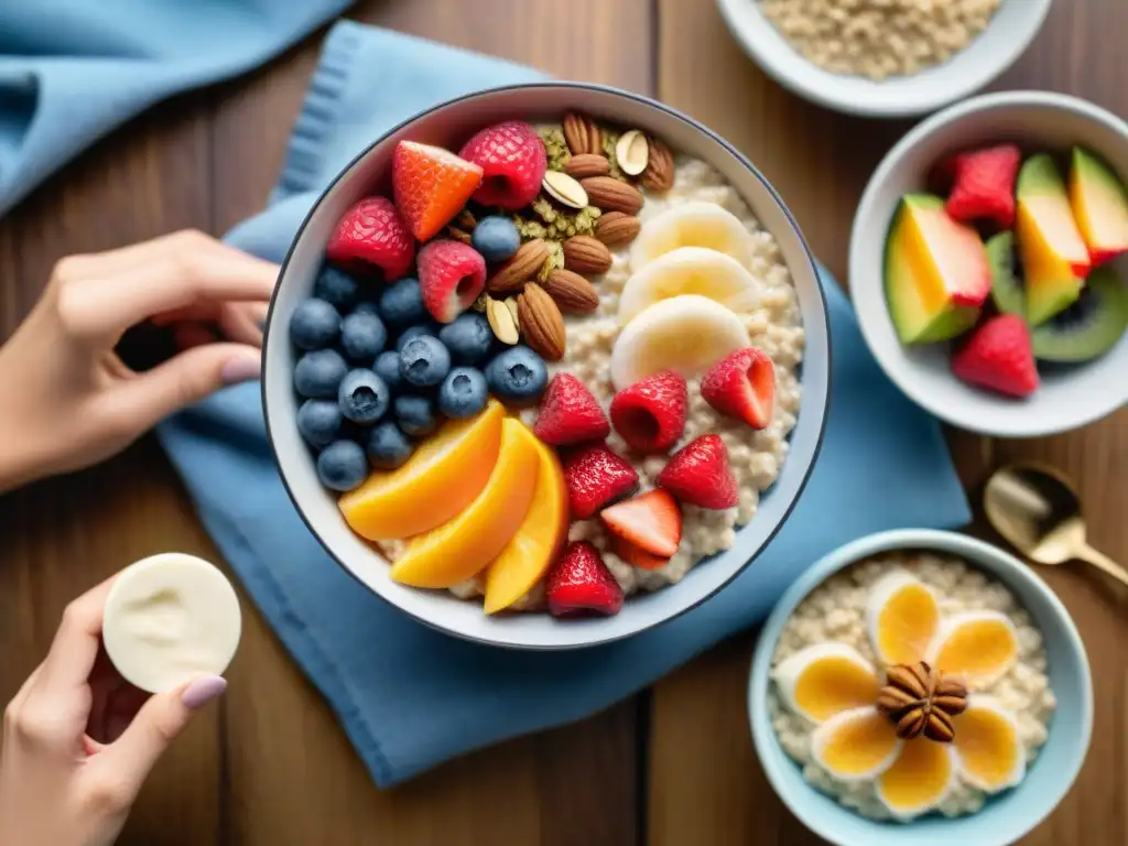 Grupo diverso feliz disfrutando avena sin gluten beneficios en cocina acogedora