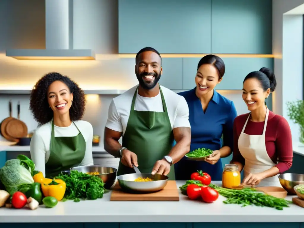 Un grupo diverso cocina feliz en una cocina moderna y espaciosa, creando recetas sin gluten personalizadas impresionantes