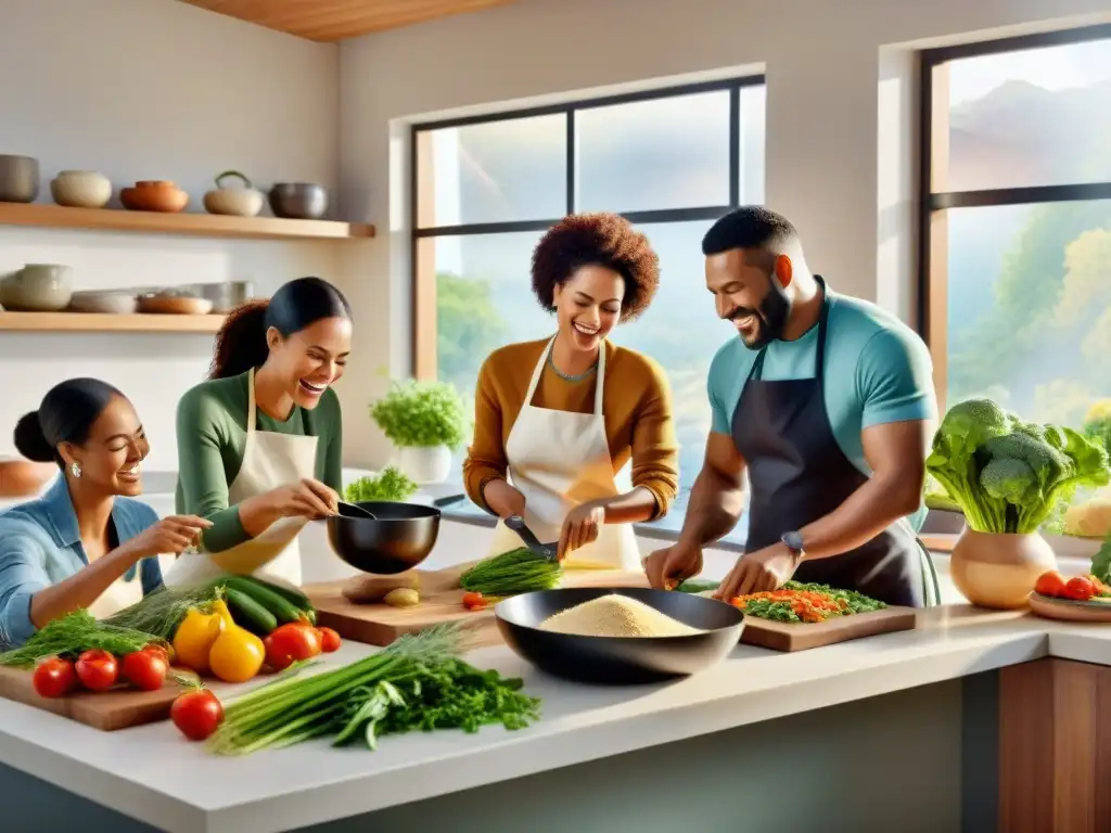 Cocina inclusiva: Alegría compartida cocinando sin gluten Un grupo diverso y feliz cocina juntos en una moderna cocina llena de ingredientes sin gluten