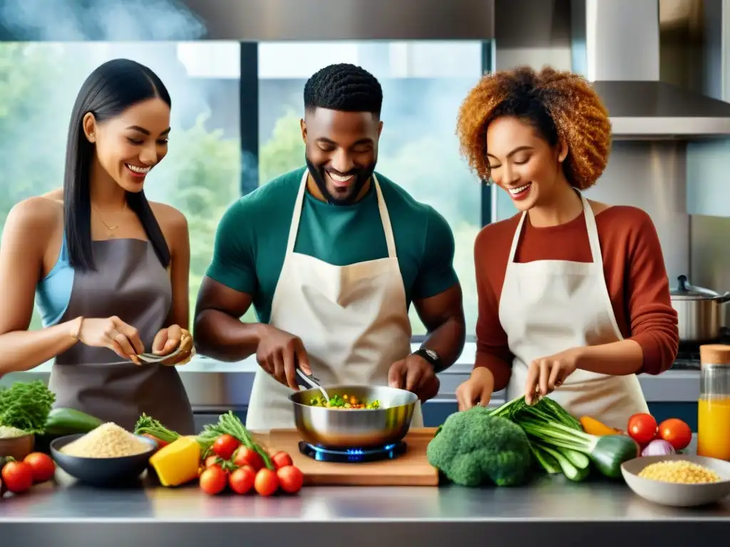 Grupo diverso cocina feliz en cocina moderna con ingredientes frescos y coloridos