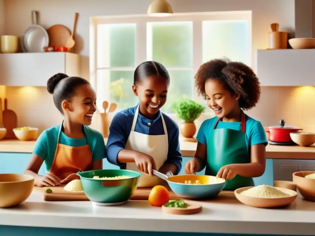 Un grupo diverso de niños cocina feliz en una cocina colorida sin gluten