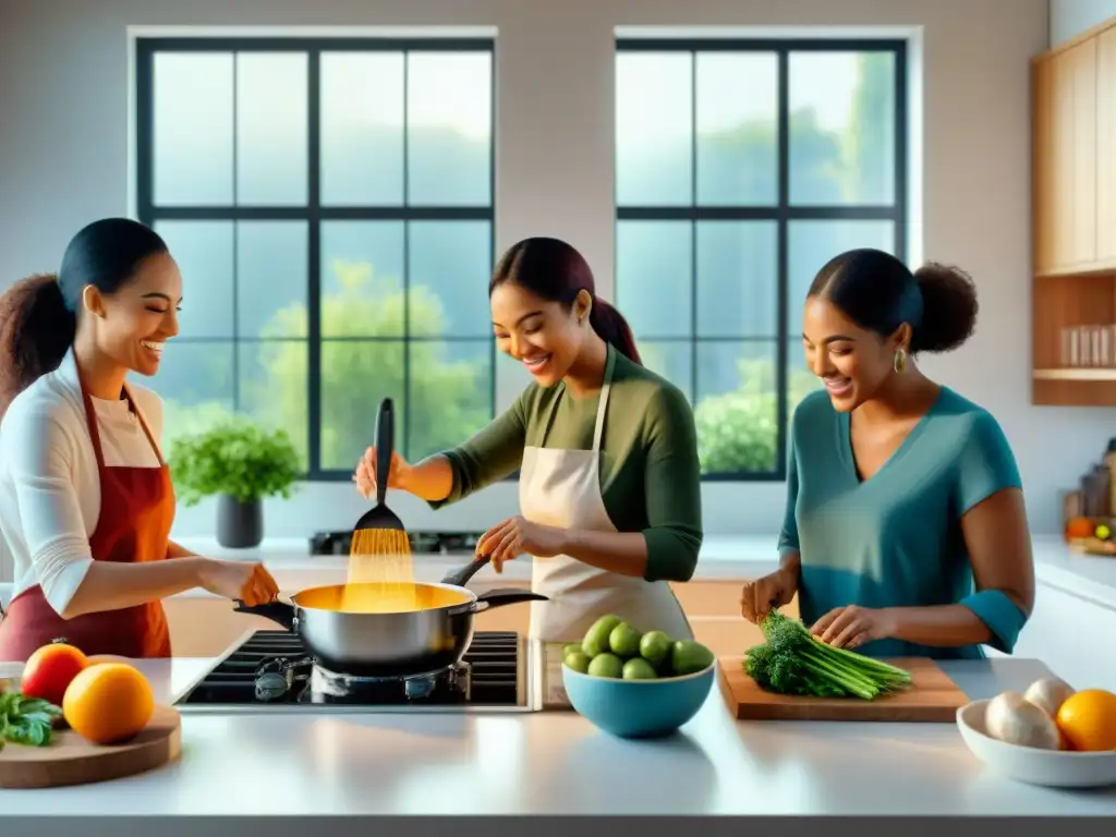 Un grupo diverso cocina feliz en una cocina moderna y bien equipada