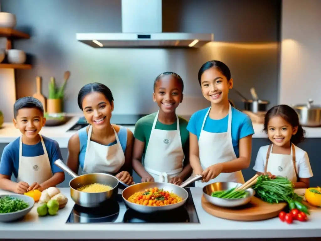 Un grupo diverso de niños cocina feliz en una cocina multicultural con ingredientes coloridos