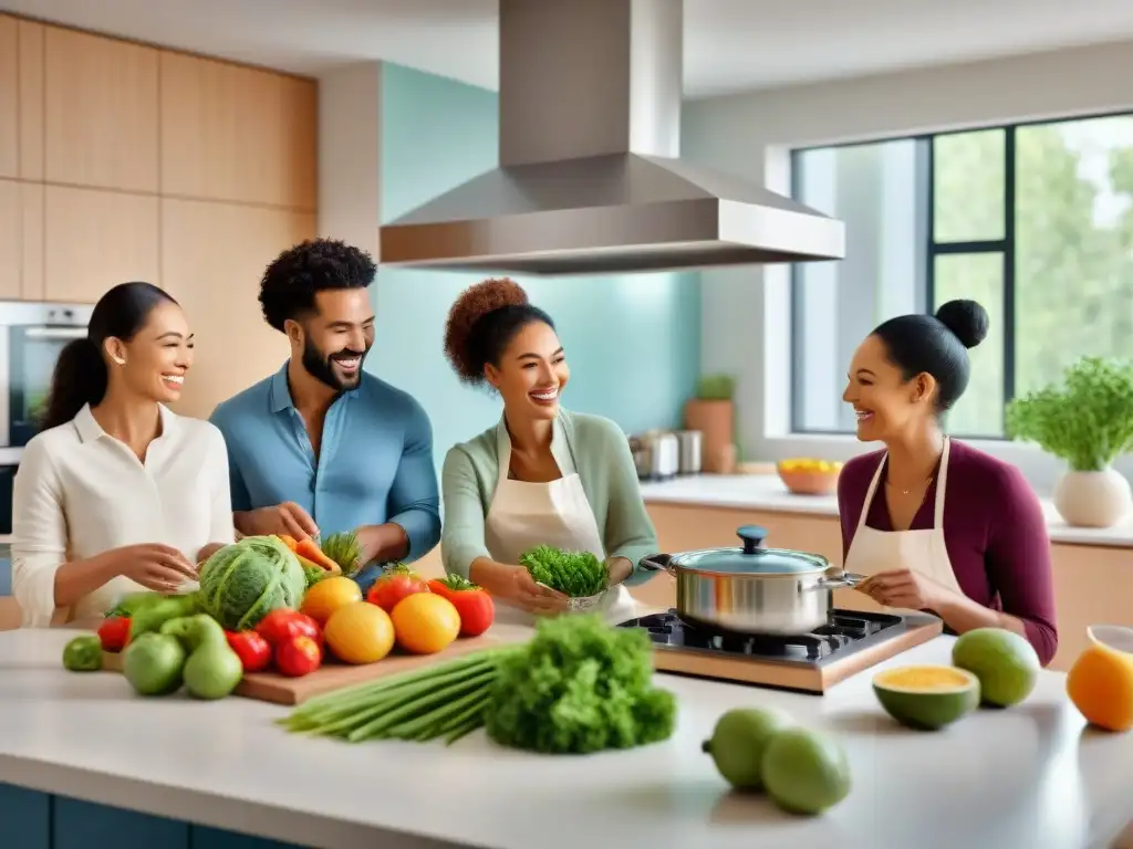 Un grupo diverso y feliz cocina en una cocina moderna, libre de alérgenos