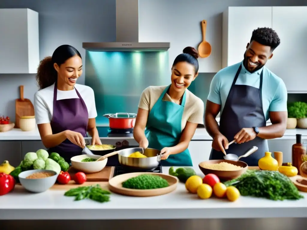 Un grupo diverso cocina feliz en una cocina moderna y luminosa con ingredientes sin gluten, transmitiendo alegría y camaradería