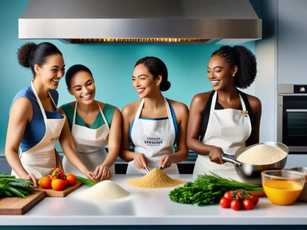 Un grupo diverso cocina feliz en una cocina moderna con harinas sin gluten para necesidades nutricionales